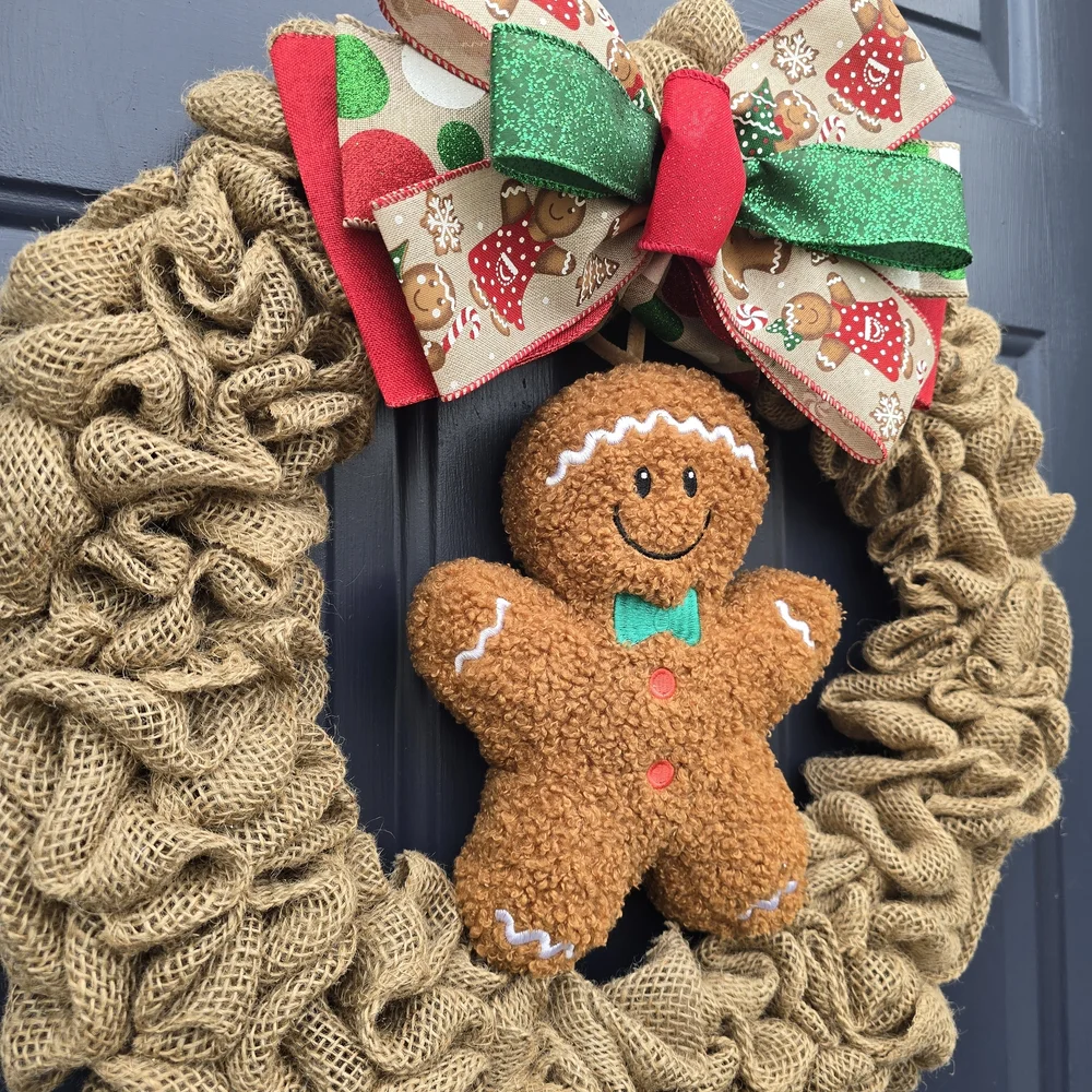Charming Burlap Wreath with Gingerbread Man and Festive Bow